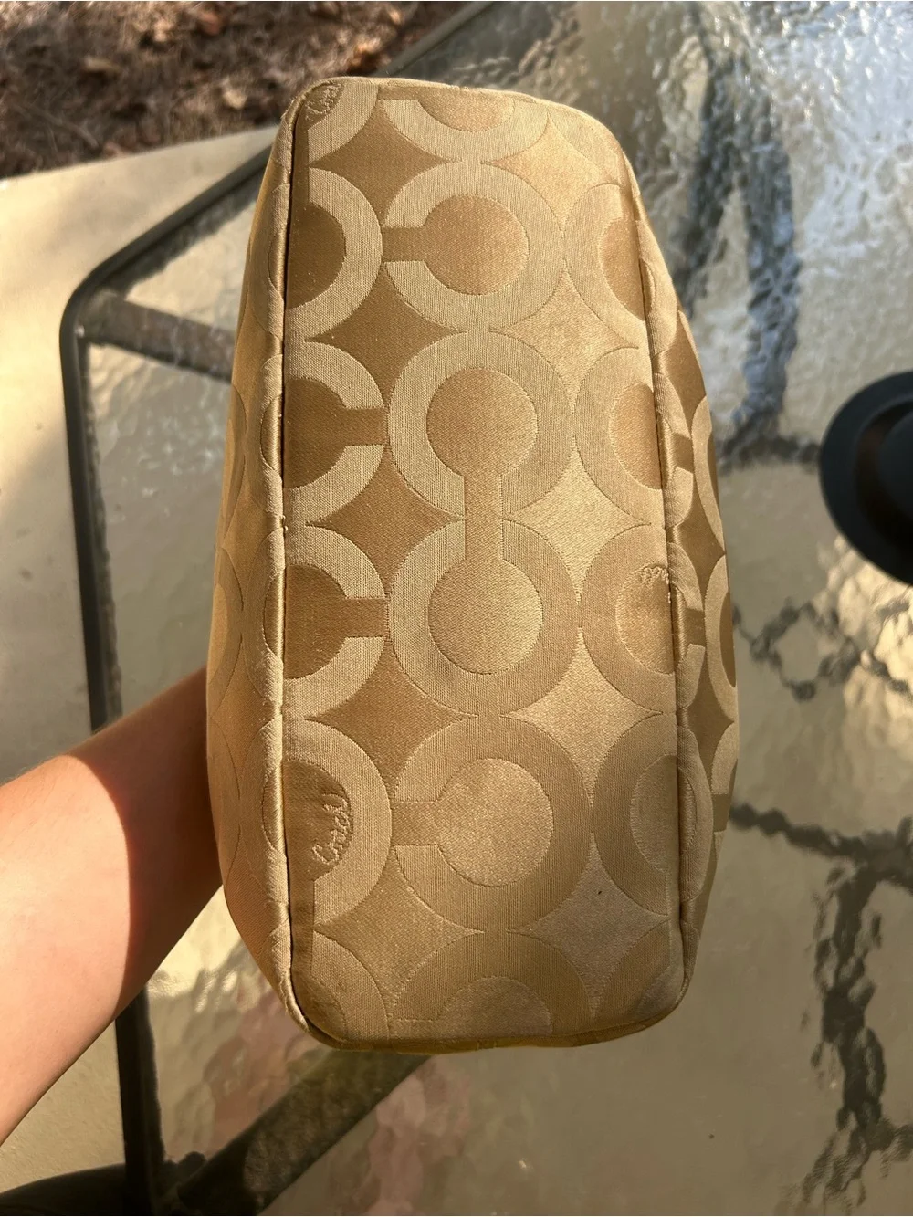 Coach 20481 Signature Jacquard Metallic Gold Chain Strap Tote Bag